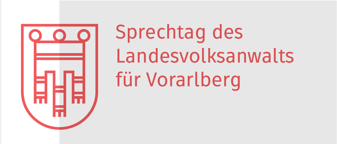 Ein rotes Emblem mit einer Leiter auf der linken Seite und dem Text 'Sprechtag des Landesvolksanwaltes fur Vorarlberg' auf der rechten Seite.