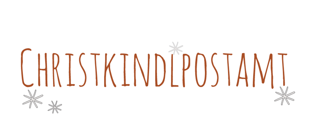 Das Wort 'Christkindlposten' ist in rotem kursiven Schriftzug auf weißem Hintergrund mit Schneeflocken an den Rändern geschrieben.