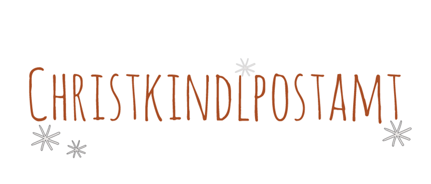 Das Wort 'Christkindlposten' ist in rotem kursiven Schriftzug auf weißem Hintergrund mit Schneeflocken an den Rändern geschrieben.