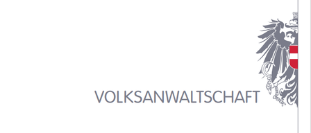 Das Logo der Volksanwaltschaft zeigt einen stilisierten Adler und einen Schild mit rotem Hintergrund und weißem Kreuz.