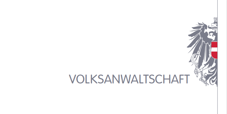 Das Logo der Volksanwaltschaft zeigt einen stilisierten Adler und einen Schild mit rotem Hintergrund und weißem Kreuz.
