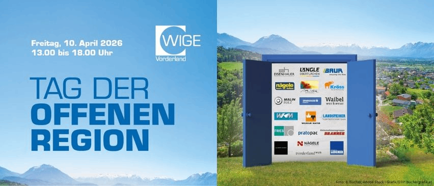 Werbeplakat für das 'Tag der offenen Region' Event am 10. April 2026 mit Logos verschiedener Unternehmen und einer malerischen Bergkulisse.