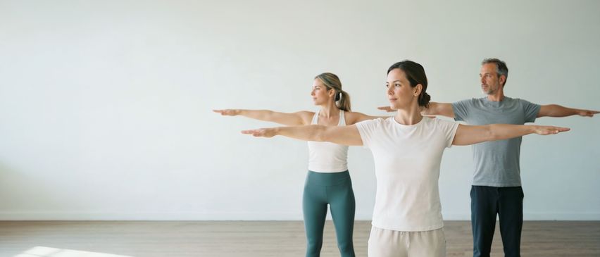 Zwei Frauen in einem Studio praktizieren Yoga, beide tragen weiße Shirts und Leggings. Eine in Türkis und die andere in Weiß.