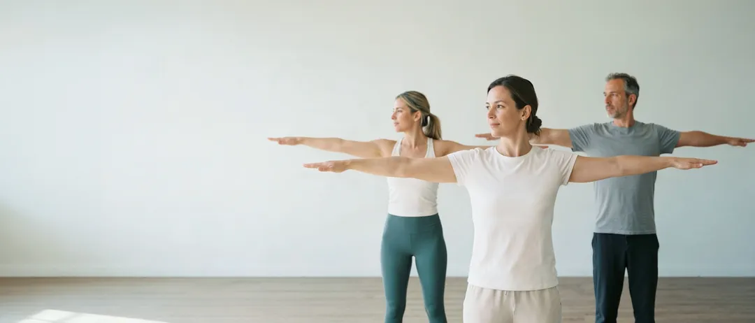 Zwei Frauen in einem Studio praktizieren Yoga, beide tragen weiße Shirts und Leggings. Eine in Türkis und die andere in Weiß.