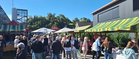 Eine große Menschenmenge versammelt sich auf einem Freiluftmarkt unter Schirmen und Zelten, mit Bäumen und Häusern im Hintergrund.