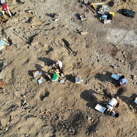 Archäologen arbeiten an einer Ausgrabungsstätte mit sichtbaren menschlichen Überresten und verschiedenen verstreuten Werkzeugen und Materialien.