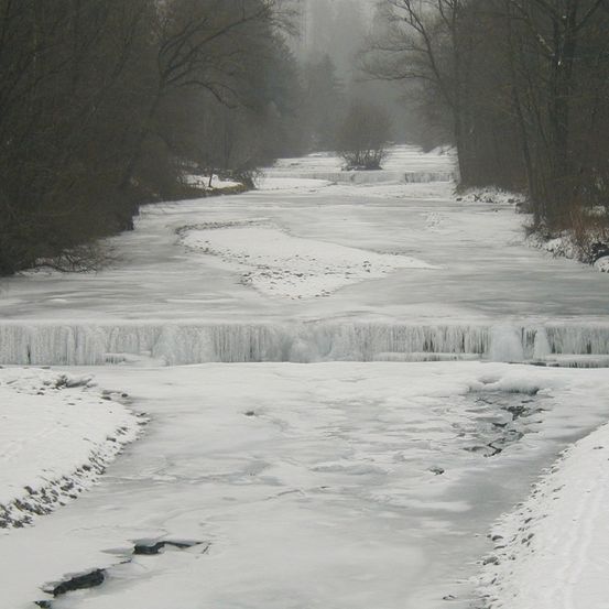 Ein gefrorener Fluss fließt durch einen Wald. Schnee bedeckt die Ufer und den Fluss selbst. Eisformationen säumen den Rand des Flusses. Bäume umgeben die Szene.