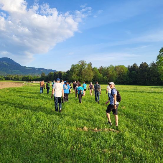 Eine Gruppe von Menschen läuft auf einer Wiese unter einem blauen Himmel mit einigen Wolken. Im Hintergrund befindet sich eine Bergkette.