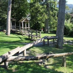 Ein Rasenbereich mit Holzstrukturen, einem Baumstamm und einem Pilz. Die Holzstrukturen umfassen eine Bank und ein kleines Haus. Bäume und Pflanzen sind in der Umgebung.