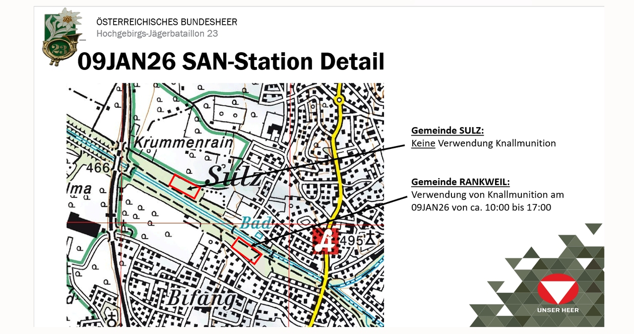 Eine Karte, die die Lage der 26 SAN-Station in Sulz zeigt. Die Karte enthält einen Bereich für Gemeinde SULZ, der nicht verwendet wird, und einen Bereich für Gemeinde RANK mit der Nutzung von 09JAN26.