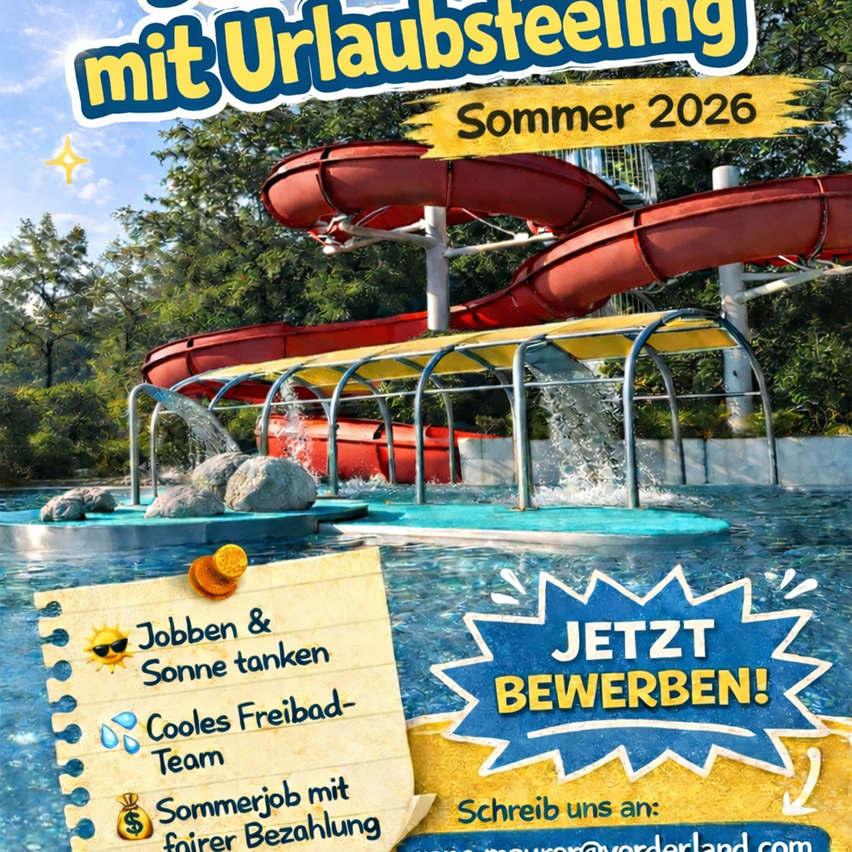Ein Job mit Urlaubsfeeling. Sommer 2026. Job und Sonnentanken. Cooles Freibad-Team. Sommerjob mit Bezahlung. Jetzt bewerben!