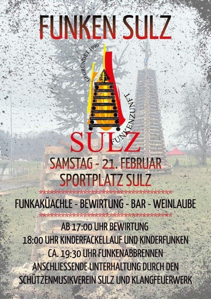 Poster for Sulz event on February 21. Features a bonfire, a tower, and an outdoor setting. The event includes food, a bar, and a wine cellar. Schedules are for serving, children's firework launch, and firework burning.