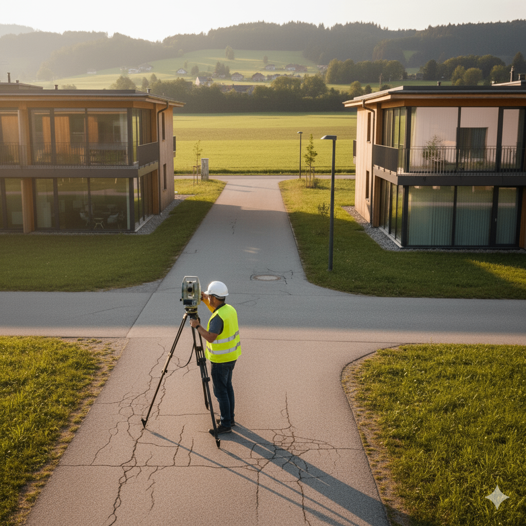 Ein Mann in einer Sicherheitsweste und einem Schutzhelm verwendet ein Vermessungsinstrument auf einem Betonweg, mit zwei modernen Häusern im Hintergrund und einem Feld.