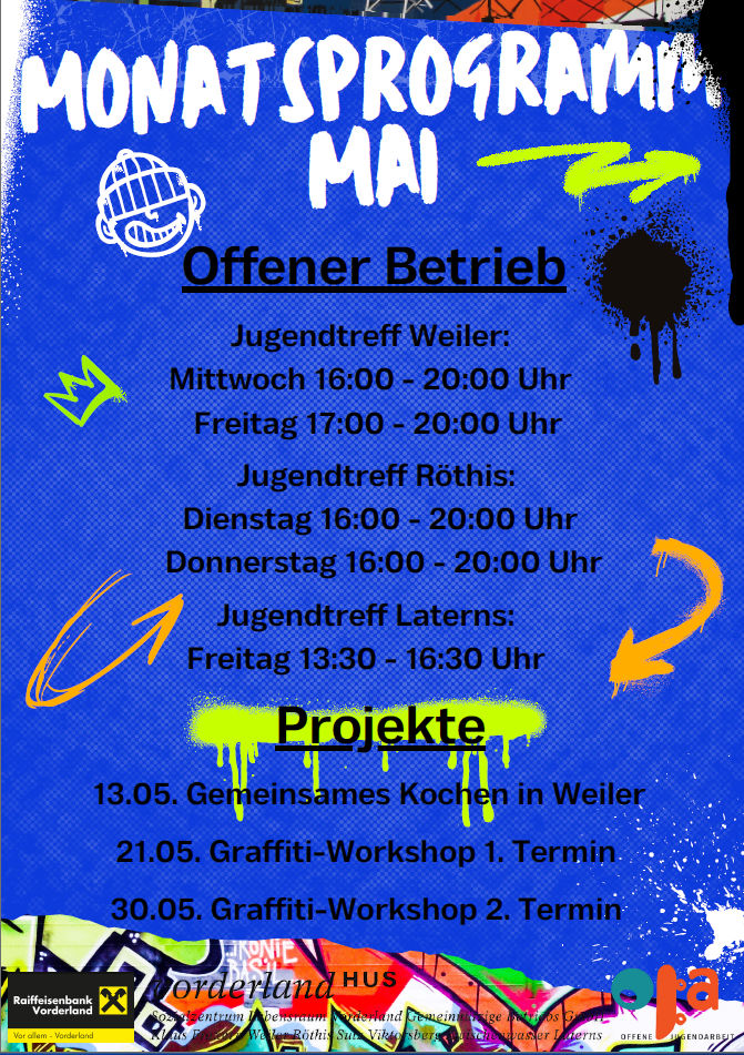 Plakat für Öffnungszeiten und Projekte des offenen Jugendtreffs. Geöffnet mittwochs, freitags, dienstags, donnerstags und freitags. Termine für gemeinsames Kochen und Graffiti-Workshops.