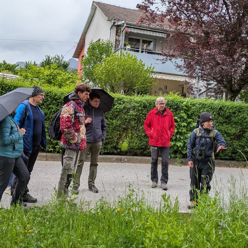 Eine Gruppe von Wanderern, einige mit Regenschirmen, versammelt sich auf einer Straße mit einem Haus und Grünflächen. Der Mann im roten Jackett spricht, während die anderen aufmerksam zuhören.