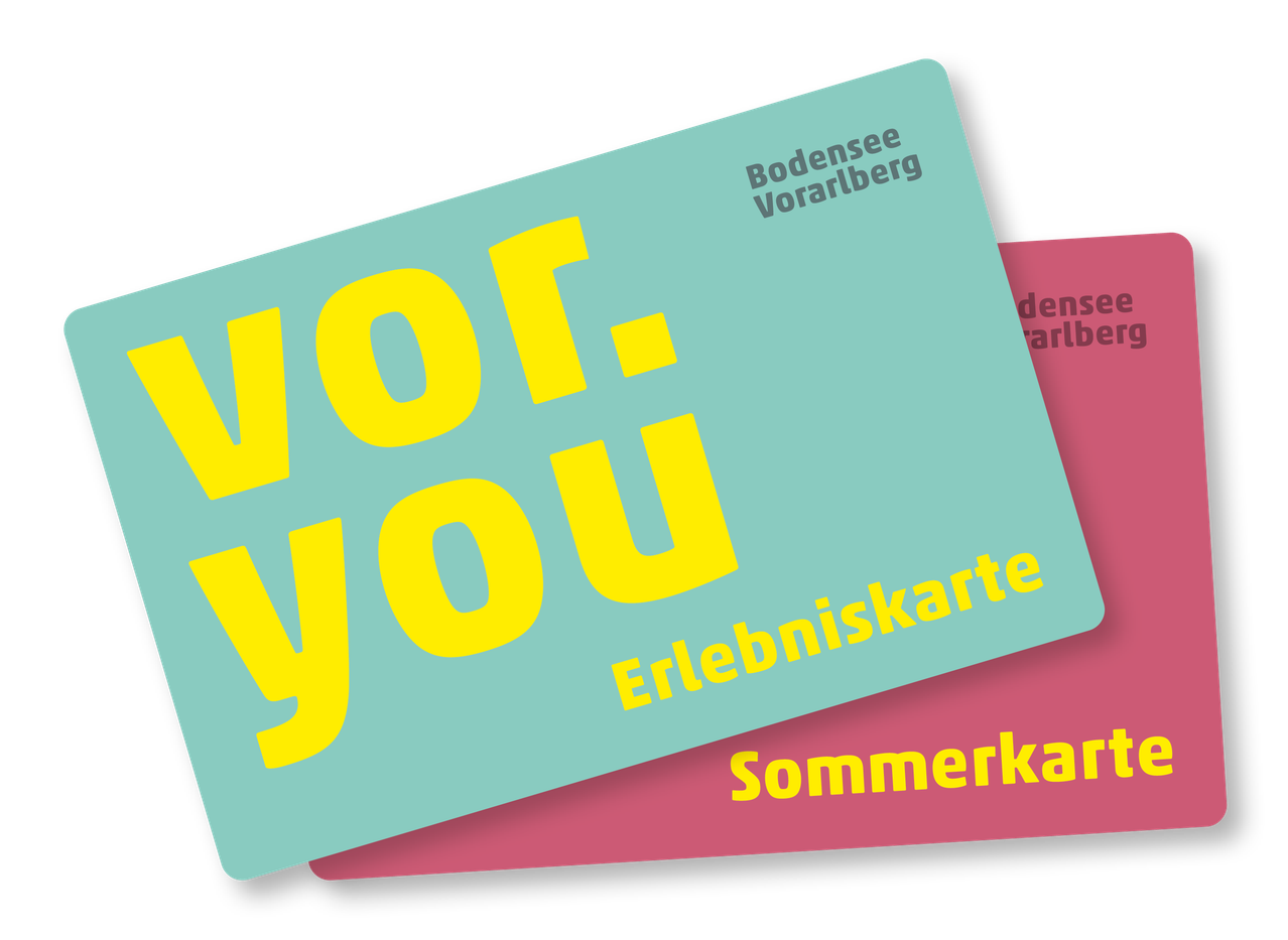Eine türkisfarbene Karte mit gelbem Text 'VO-YOU' und 'Erlebniskarte' auf schwarzem Hintergrund. Darunter befindet sich eine rosa Karte mit dem Wort 'Sommerkarte'.