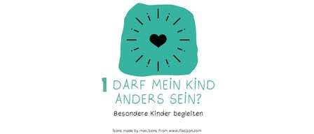 Ein türkisfarbener Stein mit einem Herz in der Mitte und dem Text 'Darf mein Kind anders sein?' mit Symbolen von flaticon.com.
