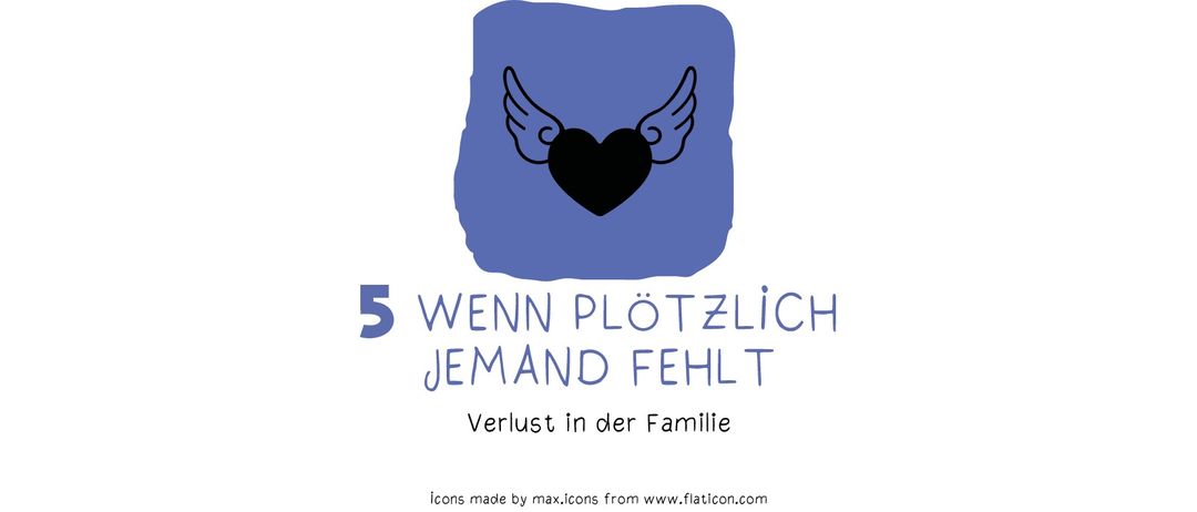 Blaues Quadrat mit schwarzem Herz und Flügeln, Nummer 5, und Text 'Wenn plötzlich jemand fehlt' in blauer Schrift, 'Verlust in der Familie' unter dem Herz. Symbole von www.flaticon.com.