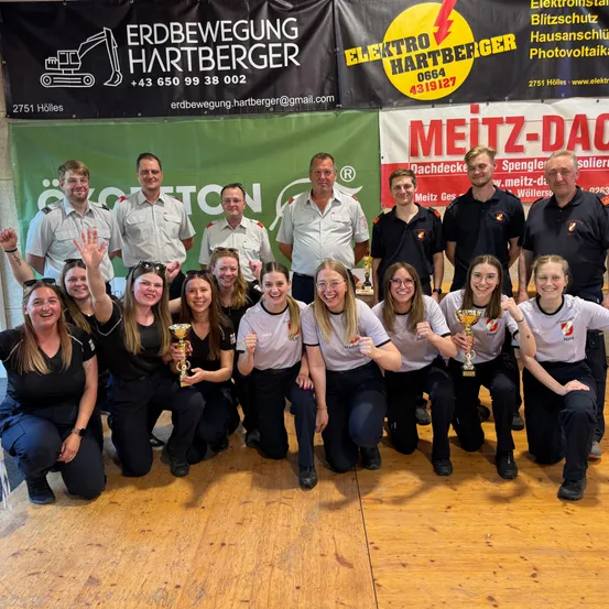 Eine Gruppe von Menschen in Uniformen posiert für ein Foto und hält Pokale in der Hand. Sie stehen vor Bannern mit Texten und Logos.