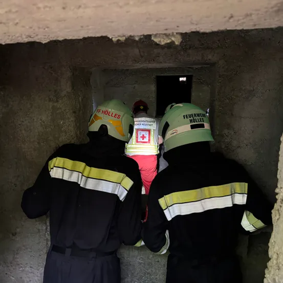 Drei Feuerwehrleute mit Helmen steigen eine schmale Treppe hinunter. Zwei tragen schwarze Jacken mit gelben und weißen Streifen. Der Dritte trägt ein rosa Outfit mit einem roten Kreuz.