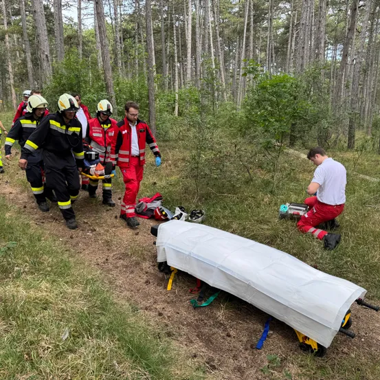 Rettungskräfte im Wald, die eine Trage mit einer Person unter einer Abdeckung tragen.