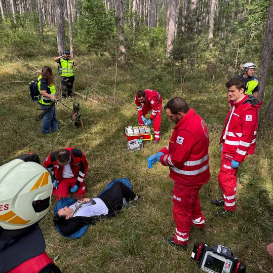 Rettungsteam in roten Uniformen kümmert sich um einen Patienten im Wald. Ein Hund und Sanitäter mit gelben Westen sind in der Nähe.