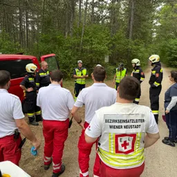 Eine Gruppe von Rettungskräften in roten und weißen Uniformen steht auf einem unbefestigten Weg im Wald, einige tragen Helme, andere nicht. Ein roter Van ist hinter ihnen geparkt.