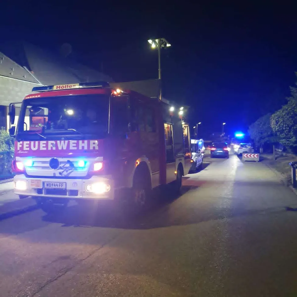Ein roter Feuerwehrwagen mit eingeschalteten Lichtern fährt nachts die Straße entlang.