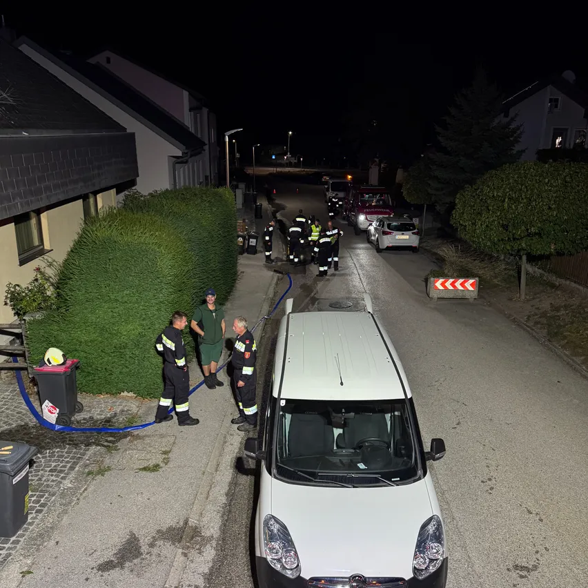 Ein weißer Lieferwagen ist nachts am Straßenrand geparkt. Eine Gruppe von Feuerwehrleuten steht auf dem Bürgersteig, einer von ihnen hält einen Schlauch. Ein Mülleimer steht auf dem Bürgersteig und ein Busch befindet sich an der Seite.
