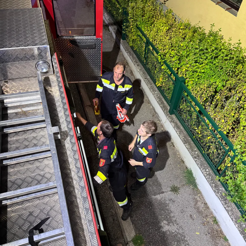 Drei Feuerwehrleute stehen an der Straßenseite, einer von ihnen klettert eine Leiter auf einem Feuerwehrwagen hoch.