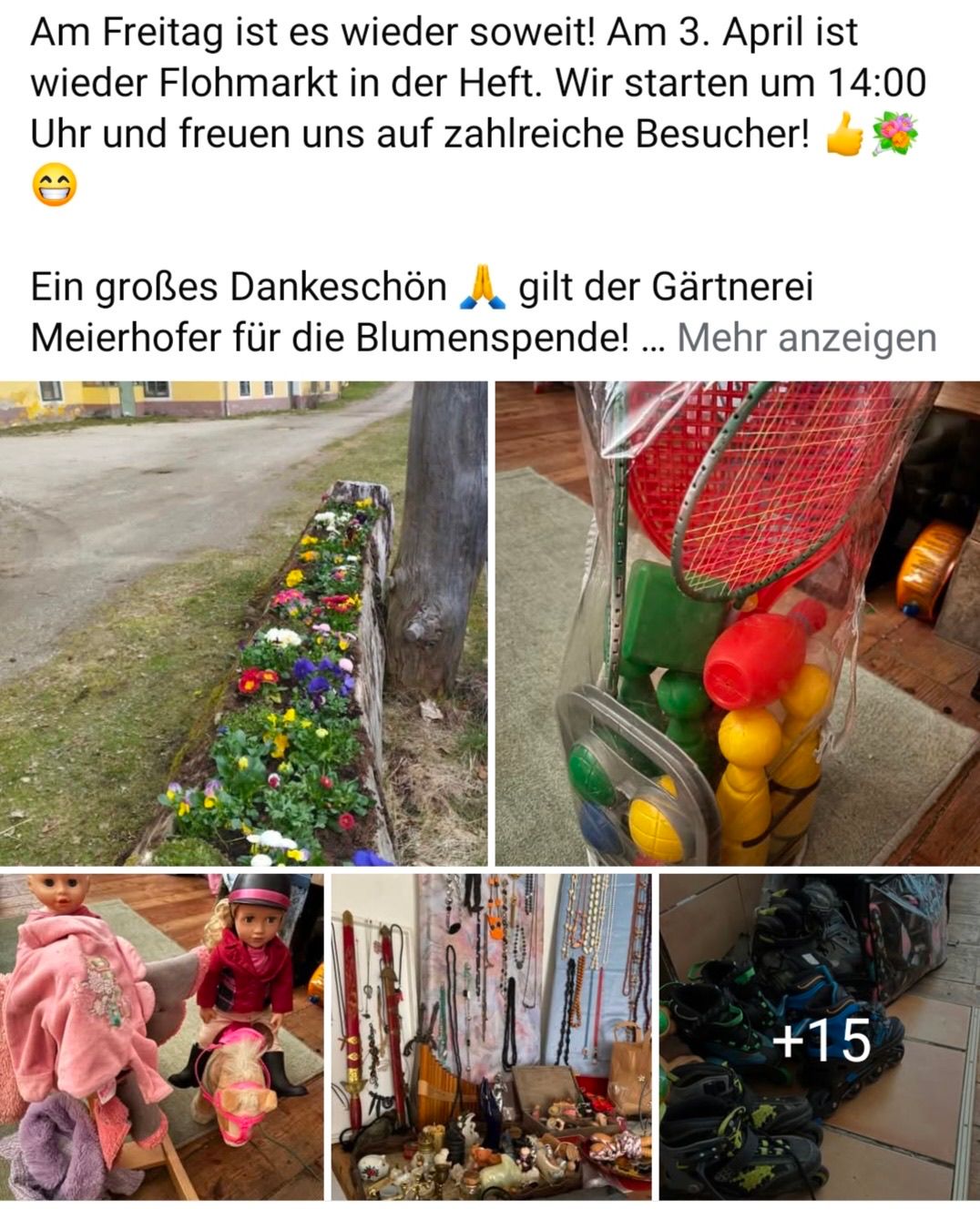Eine Collage von Bildern zeigt Blumen, Spielzeug, eine Puppe und Schuhe. Das erste Bild hat ein lächelndes Gesicht und ein Daumen-hoch-Emoji. Das zweite Bild zeigt Blumen in einer Reihe gepflanzt. Das dritte Bild enthält Spielzeug in einer Plastiktüte. Das vierte Bild zeigt eine Puppe mit einem rosa Outfit. Das fünfte Bild zeigt Schuhe mit der Nummer 15.