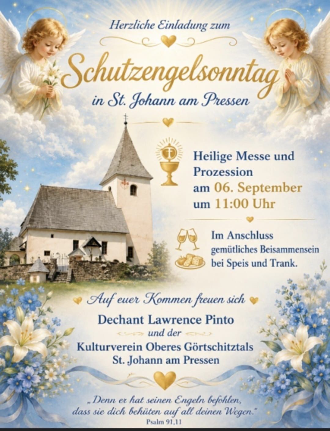 Plakat für das Schutzengelsonntag-Ereignis in St. Johann am Pressen. Es zeigt eine Kirche, eine Prozession und ein Treffen mit Essen und Getränken. Das Ereignis ist für den 6. September um 11:00 Uhr geplant.