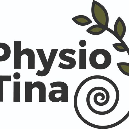 Physio Tina Logo mit stilisierten Blättern und Spiraldesign. Der Text 'Physio Tina' ist in fetter, moderner Schrift.