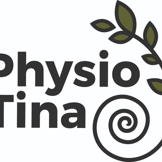Physio Tina Logo mit stilisierten Blättern und Spiraldesign. Der Text 'Physio Tina' ist in fetter, moderner Schrift.