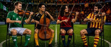 Vier Musiker auf einem Fußballfeld. Sie spielen Geige und Cello. Sie tragen Trikots mit den Nummern 8, 55, 9 und 14. Vor ihnen liegt ein Fußball. Der Poster bewirbt eine Veranstaltung namens "Nachspielzeit" am 12. Juni um 20:30 Uhr.