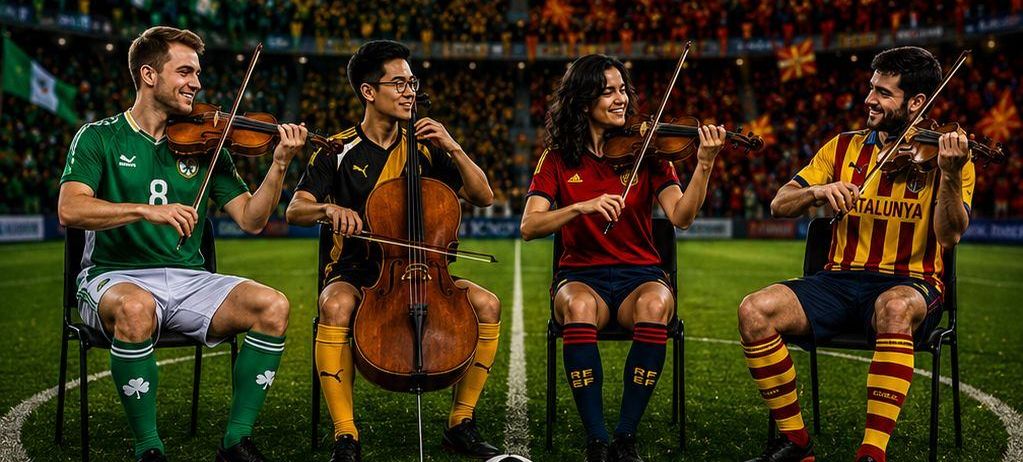 Vier Menschen spielen klassische Musikinstrumente in einem Stadion. Der Text lautet 'Nachspielzeit'. Das Datum ist der 12. Juni und die Zeit ist 20:30 Uhr.