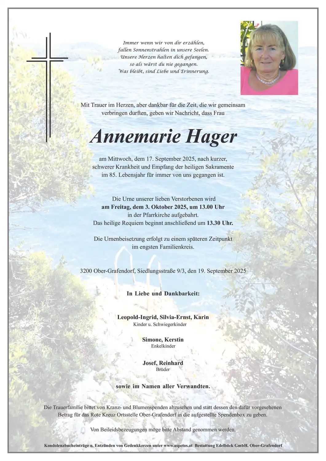 Traueranzeige für Annemarie Hager, verstorben am 17. September 2025. Die Beerdigung findet am 3. Oktober 2025 um 13:30 Uhr in der Pfarrkirche statt, anschließend das Requiem. Familie und Freunde trauern.