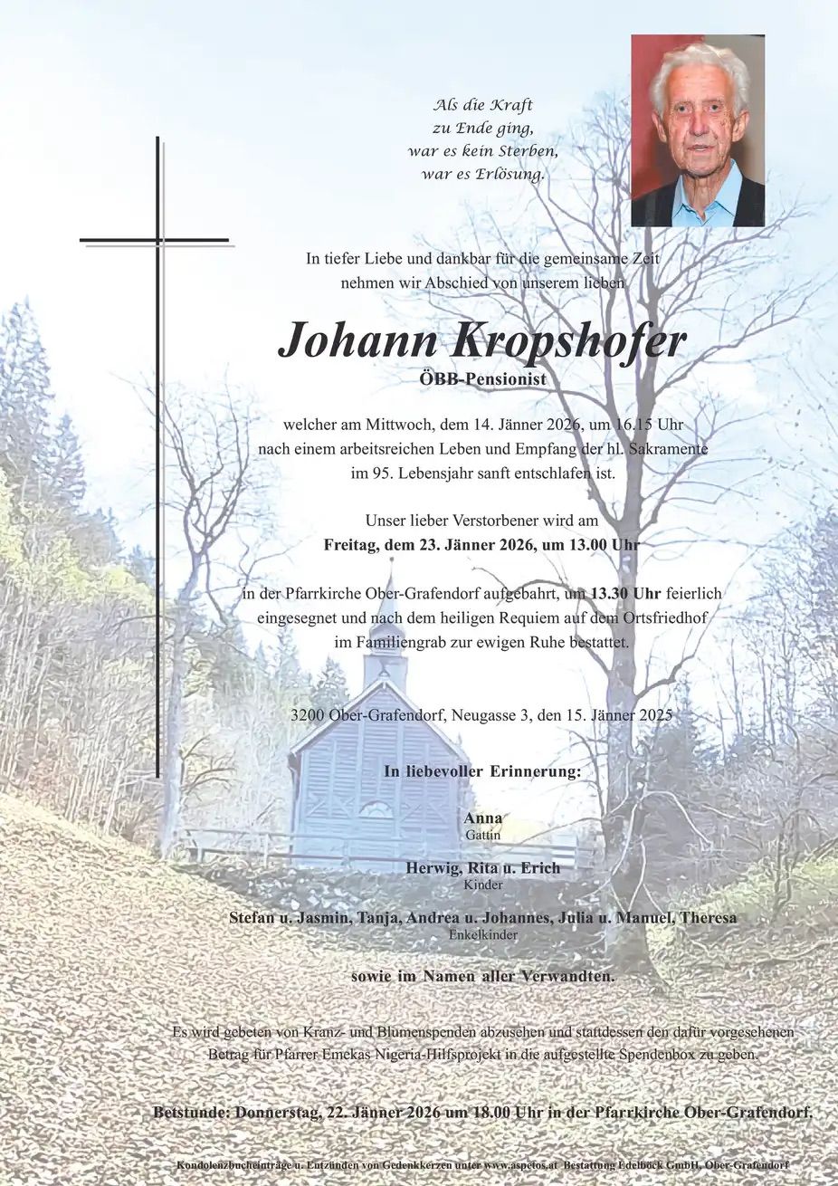 Obituary for Johann Kropshofer, an ÖBB-Pensionist who passed away on January 14, 2026. His funeral service will be held on January 23, 2026. The family requests privacy.