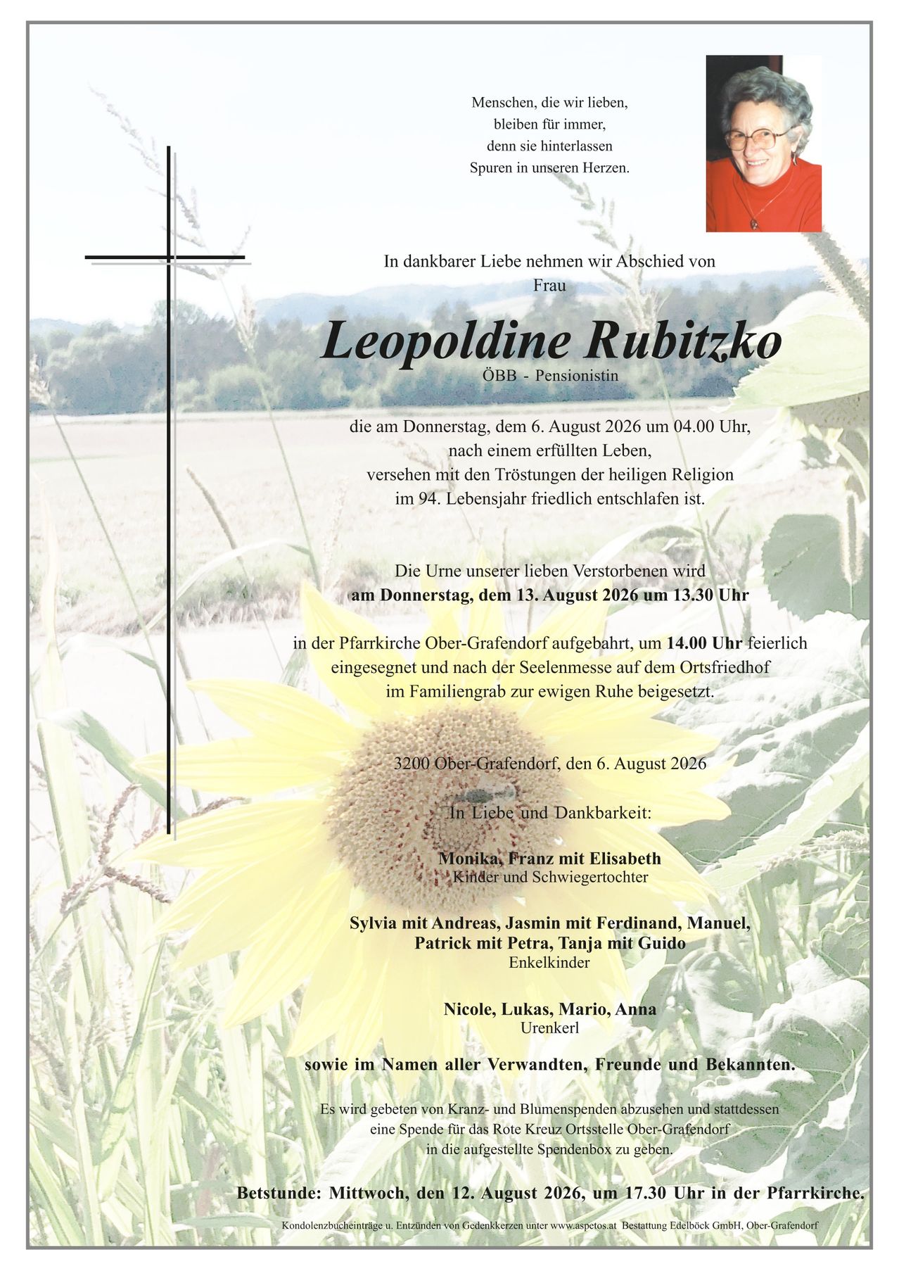 A memorial poster for Leopoldine Rubitzko, a pensioner who passed away on August 6, 2026. The poster includes details about her funeral and burial.