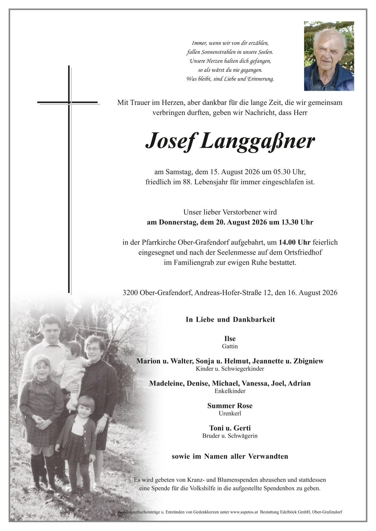 A memorial card for Josef Langgäßner, who passed away at 88. The card includes details of his passing, burial, and family members.