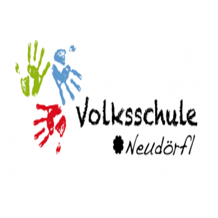 Ein farbenfrohes Logo mit vier Händen in verschiedenen Farben. Darunter stehen die Worte Volksschule Neudorf.