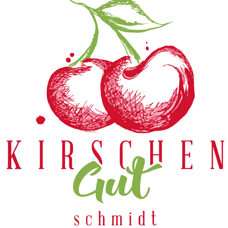 Das Logo zeigt zwei Kirschen mit Blättern in Rot und Grün über dem Text 'Kirschen Gut Schmidt' in Rot und Grün.