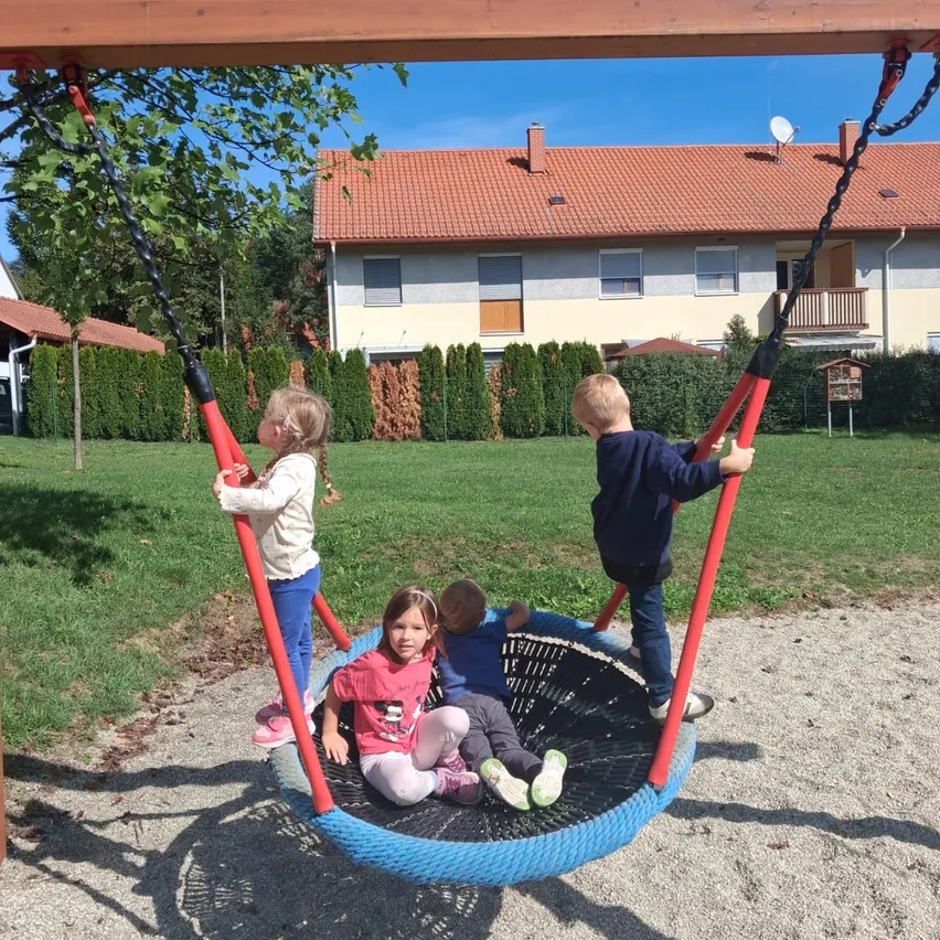 Vier Kinder spielen auf einer Schaukel in einem Park mit einem Haus im Hintergrund.