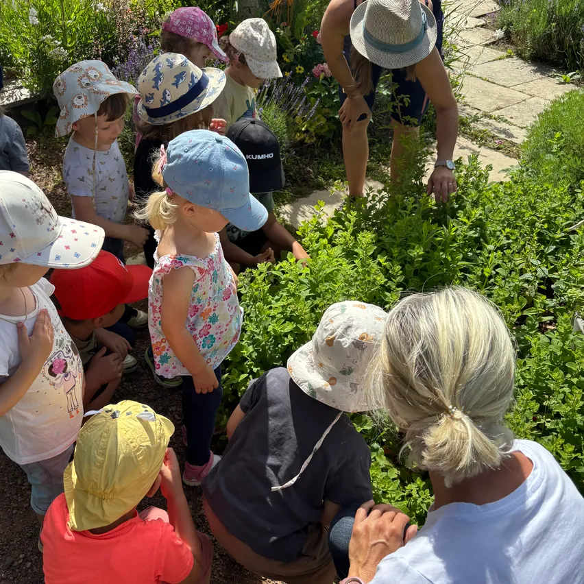Kinder in Hüten versammeln sich um einen Garten und betrachten Pflanzen. Eine erwachsene Frau kauert sich hin und zeigt auf eine Pflanze. Eine andere erwachsene Frau steht hinter den Kindern.