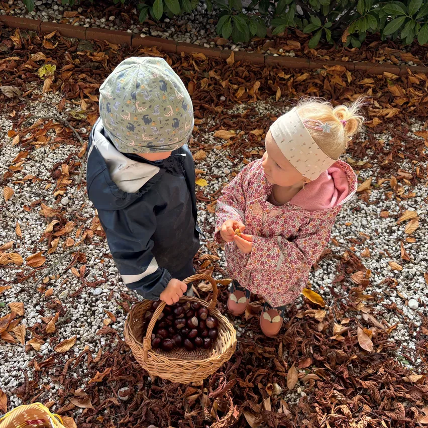Two children, one holding a basket of chestnuts, are standing on a gravel path in a garden.