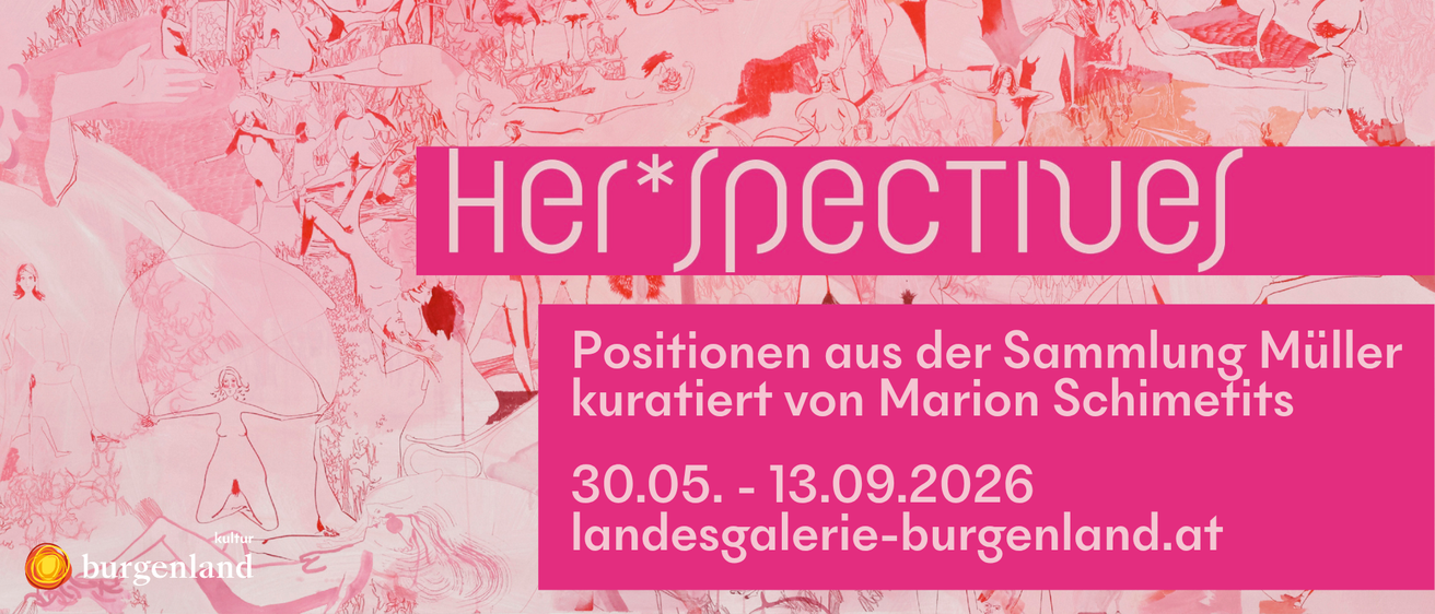 Das Kunstwerk 'Her*spectiu' zeigt verschiedene Figuren in Rosa und Rot. Kuratiert von Marion Sch, läuft die Ausstellung vom 30.05. bis 13.09.2026.