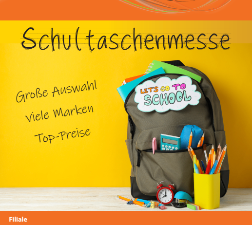 Eine Werbung für Schultaschenmesse von Elektro Koenig. Es zeigt einen Rucksack mit einem Schild, das 'Let's go to school' sagt, Schulsachen und einen gelben Hintergrund. Termine und Orte für die Veranstaltung sind aufgeführt.
