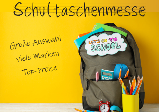 Eine Werbung für Schultaschenmesse von Elektro Koenig. Es zeigt einen Rucksack mit einem Schild, das 'Let's go to school' sagt, Schulsachen und einen gelben Hintergrund. Termine und Orte für die Veranstaltung sind aufgeführt.