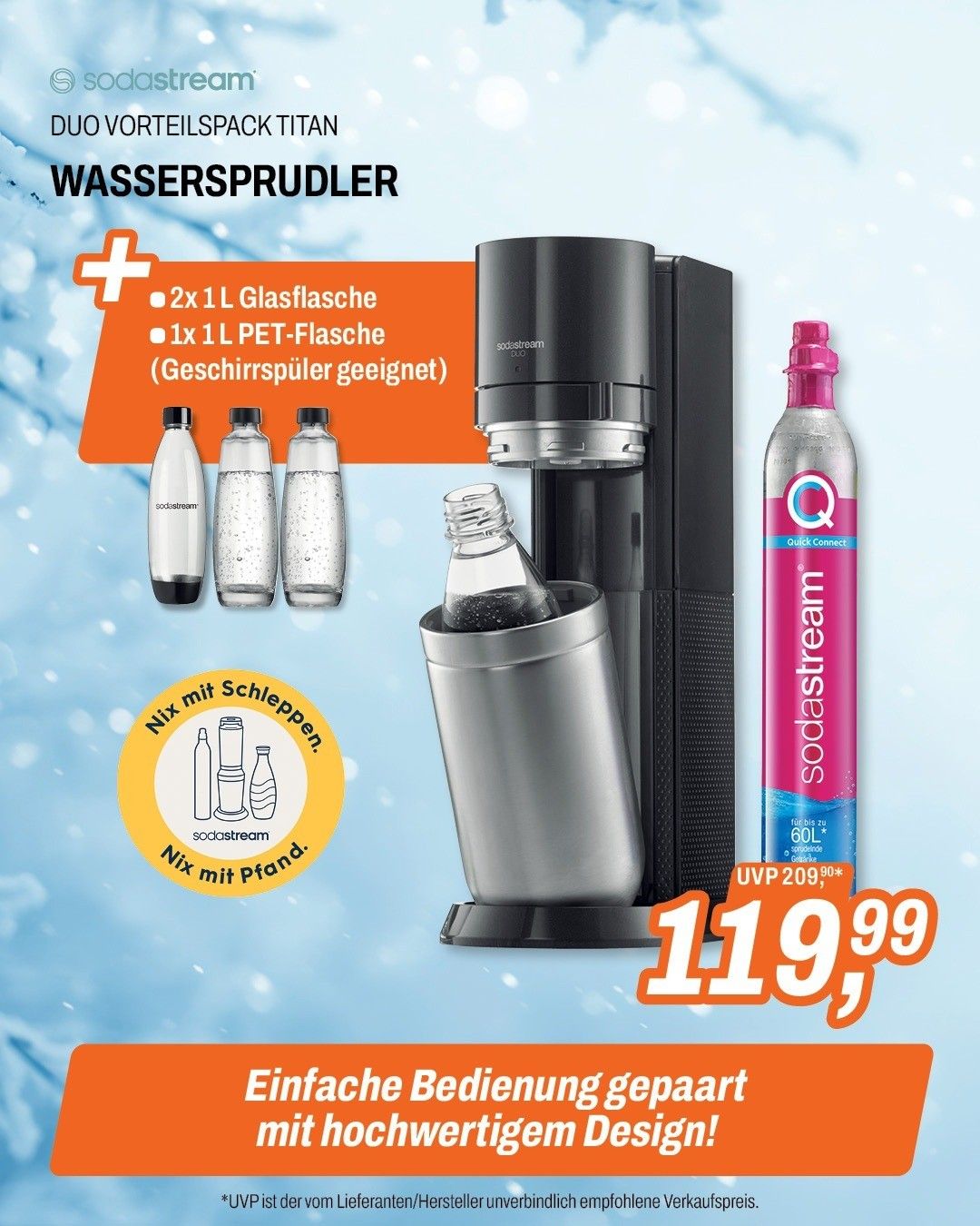 Eine Werbung für einen Wasserspender zeigt ein schwarzes Gerät mit einer Flasche, zwei Glasflaschen und einer PET-Flasche. Es enthält den Text 'Duo Vorteilspack Titan Wassersprudler' und 'Einfache Bedienung gepaart'. Der Preis beträgt 119,99.