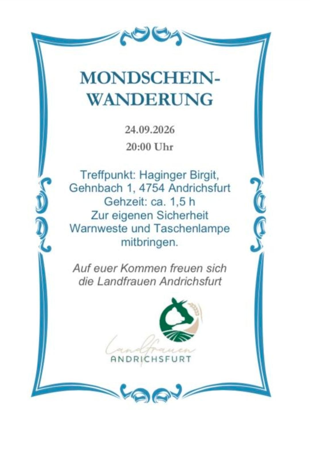 Plakat für eine Mondscheinwanderung am 24.09.2026 um 20:00 Uhr bei Haginger Birgit, Gehnbach 1, 4754 Andrichsfurt. Dauer ca. 1,5 h. Teilnehmer sollen warme Kleidung und eine Taschenlampe mitbringen.